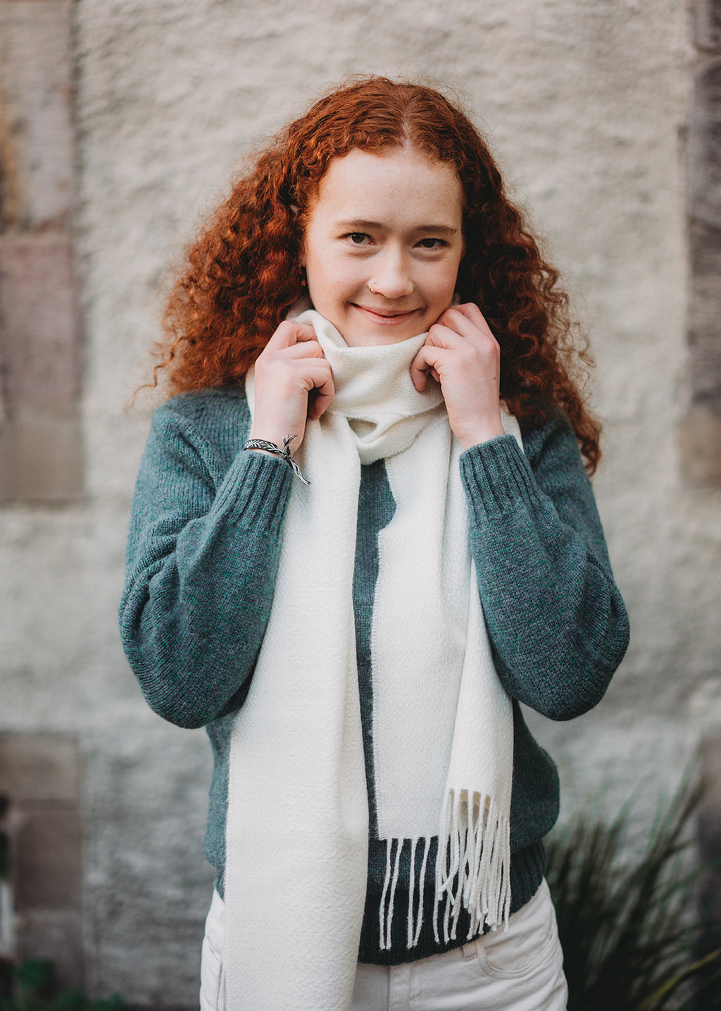 Alpaca scarf shown on model.