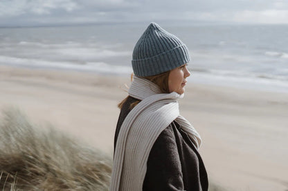 Jacquard ribbed knit hat knitted in Ayrshire in sumptuously soft lambswool by Hilary Jane Keyes. in shade Oribe - grey blue