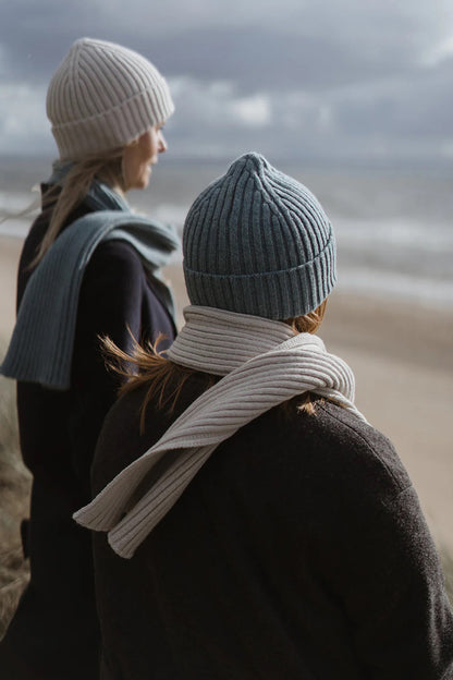 Jacquard ribbed knit hat knitted in Ayrshire in sumptuously soft lambswool by Hilary Jane Keyes. in shade Oribe - grey blue