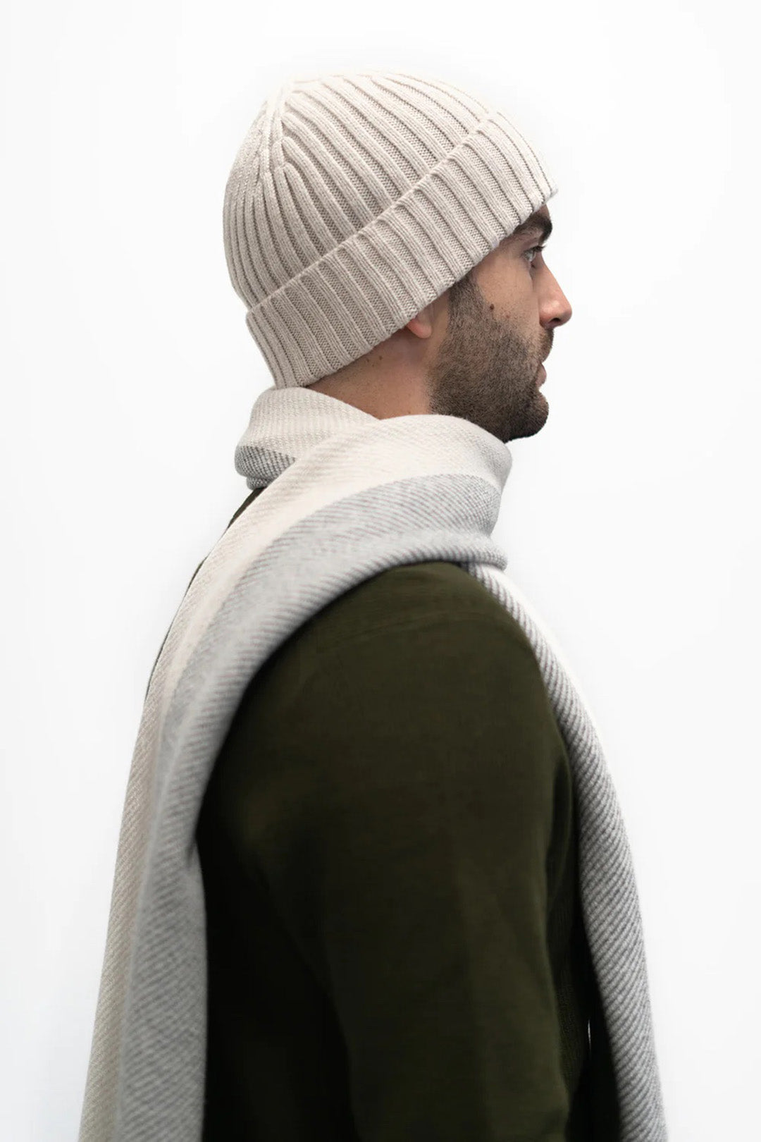 Jacquard ribbed knit hat knitted in Ayrshire in sumptuously soft lambswool by Hilary Jane Keyes. in shade Swansdown - earl grey