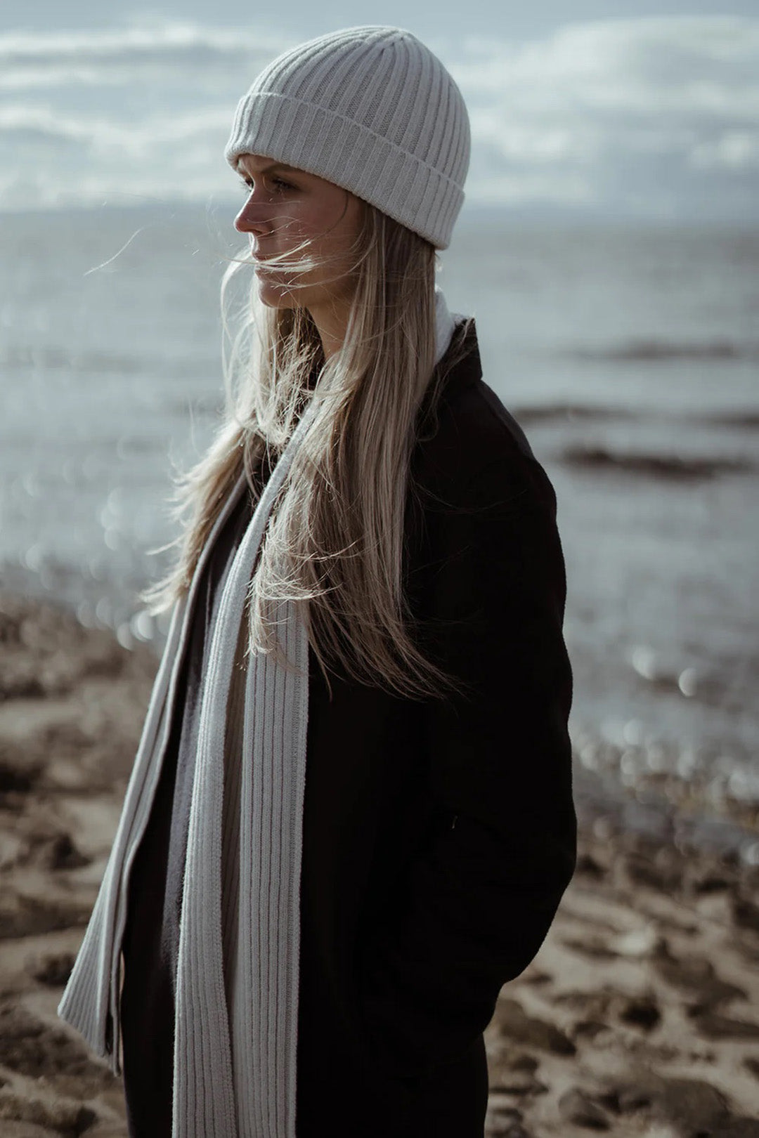 Jacquard ribbed knit hat knitted in Ayrshire in sumptuously soft lambswool by Hilary Jane Keyes. in shade Swansdown - earl grey 