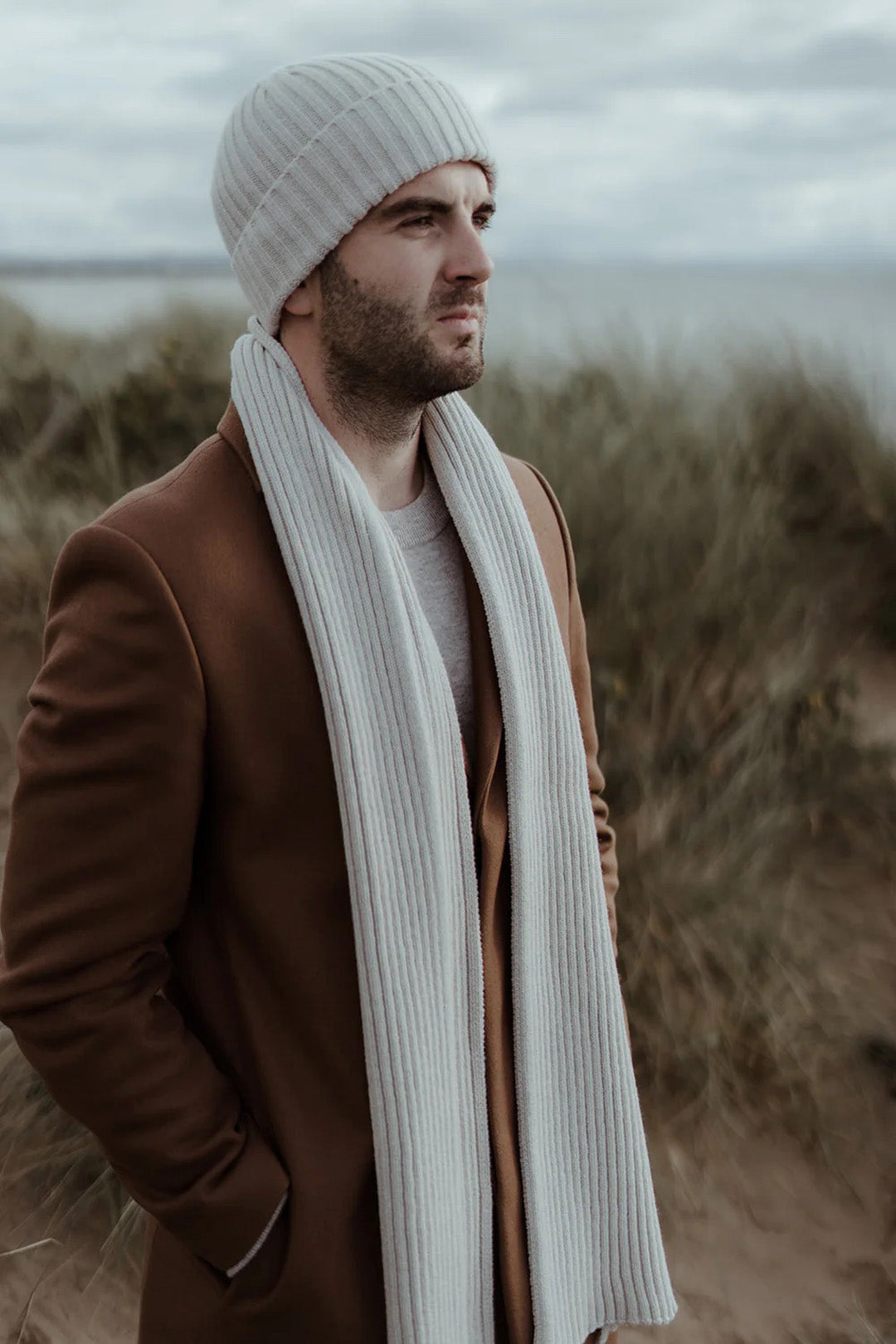 Jacquard ribbed knit hat knitted in Ayrshire in sumptuously soft lambswool by Hilary Jane Keyes. in shade Swansdown - earl grey