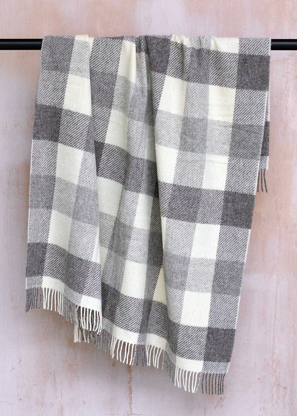 Grey, cream and brown checked blanket woven in natural, un-dyed Scottish wool.