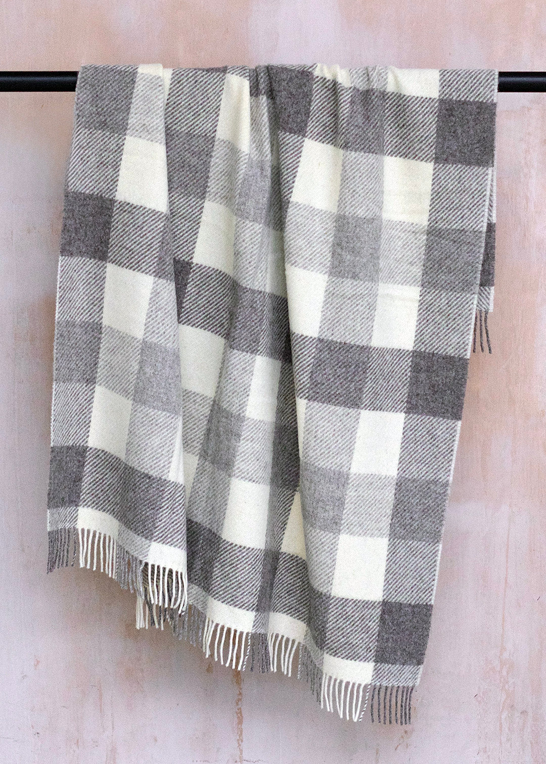Grey, cream and brown checked blanket woven in natural, un-dyed Scottish wool.
