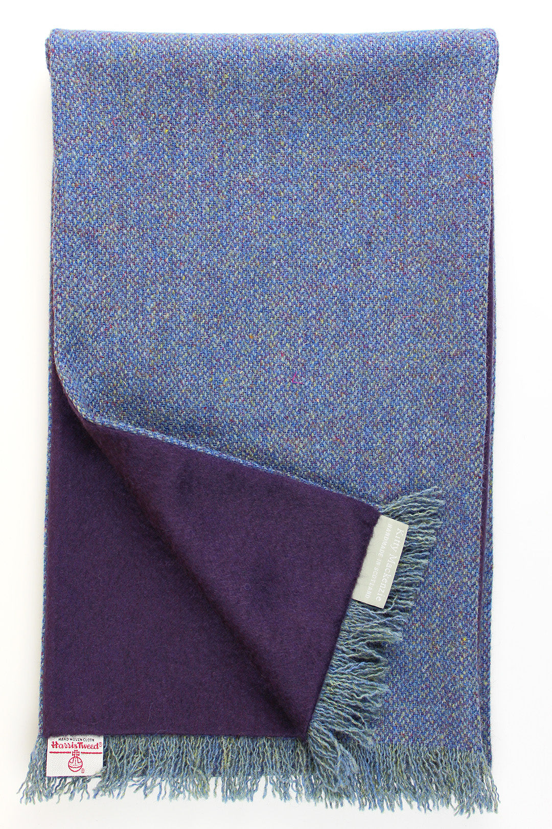 Harris tweed scarf in blue hues with purple cashmere lining