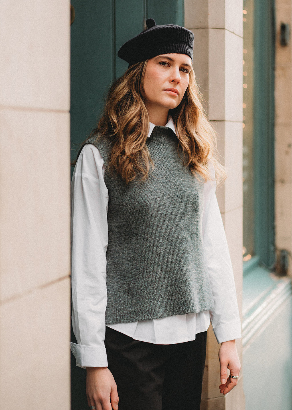 British wool knitted tie vest in haar blue grey.