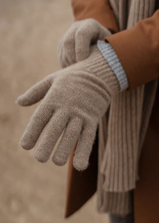 Lambswool gloves in sand colour. Scottish Textiles Showcase.
