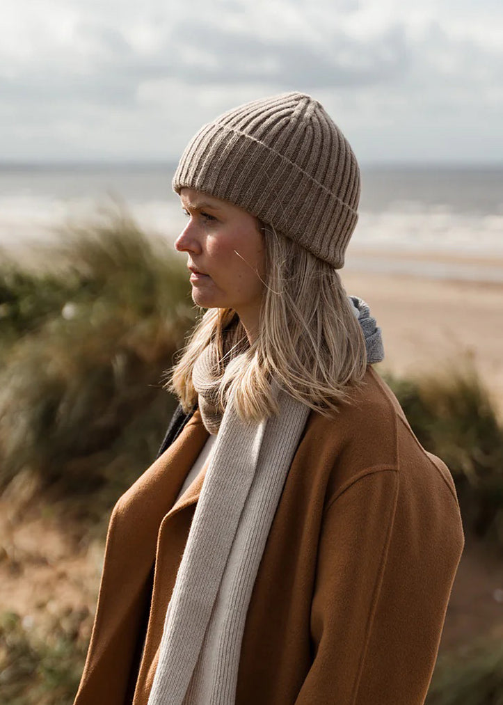 Lambswool hat in sand colour. Scottish Textiles Showcase.
