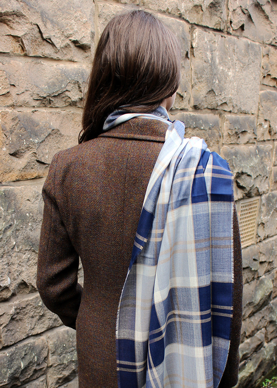 Fine merino wool stole woven in the Scottish Borders in the Bannockbane Grey tartan. Scottish Textiles Showcase.