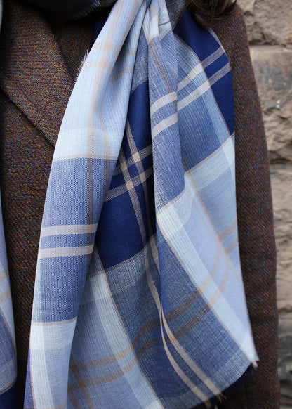 Fine merino wool stole woven in the Scottish Borders in the Bannockbane Grey tartan. Scottish Textiles Showcase.