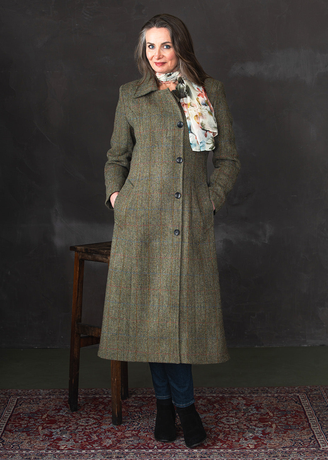 Marta Harris Tweed® coat features offset buttons and a contrasting blue satin lining.