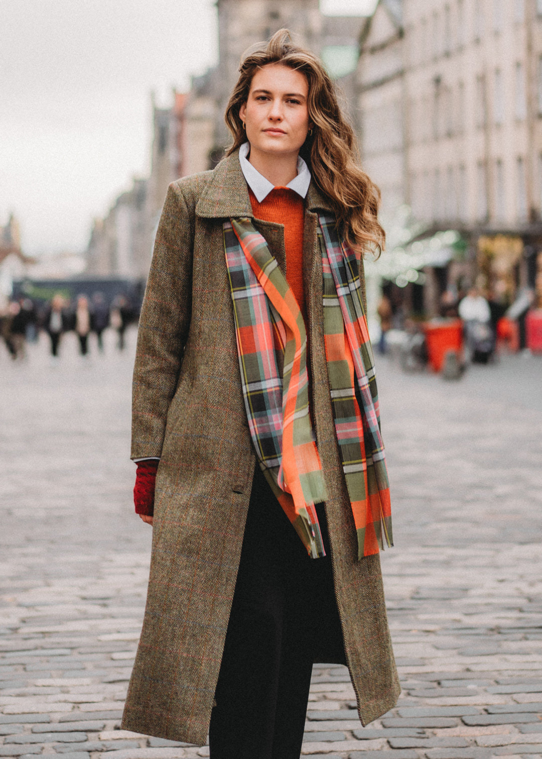Pure wool Harris Tweed coat in sage herringbone.