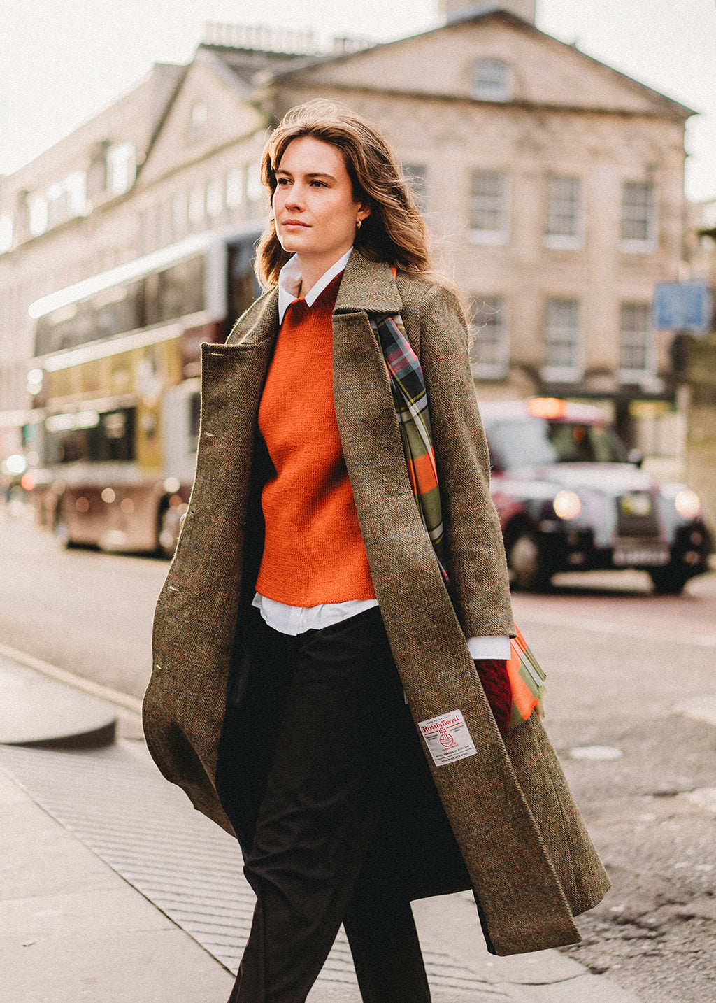 Pure wool Harris Tweed coat in sage herringbone.
