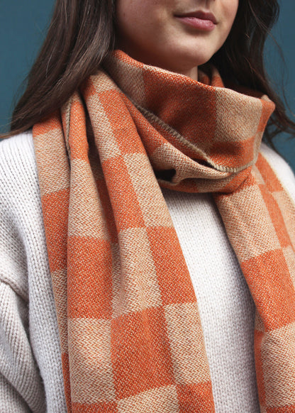 Merino scarf in checked amber colourway. Scottish Textiles Showcase.
