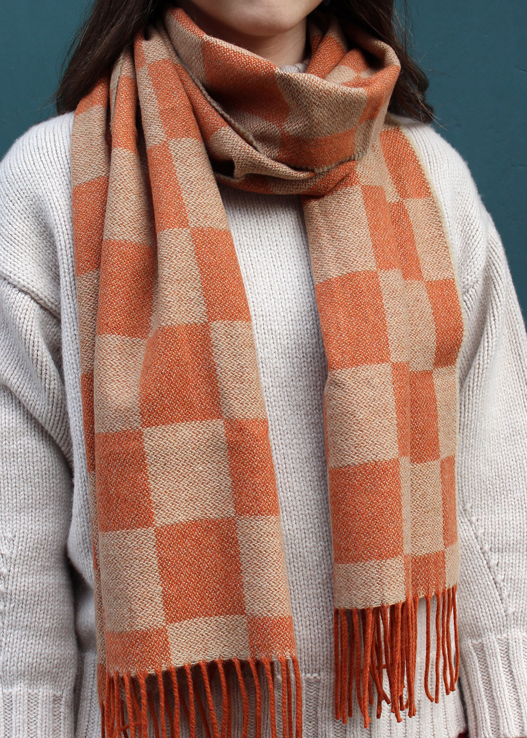 Merino scarf in checked amber colourway. Scottish Textiles Showcase.