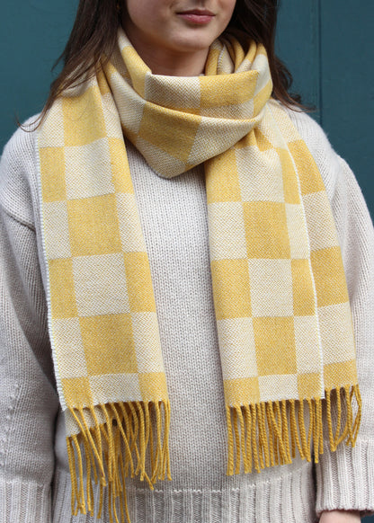 checked scarf in a lovely golden yellow woven in merino wool