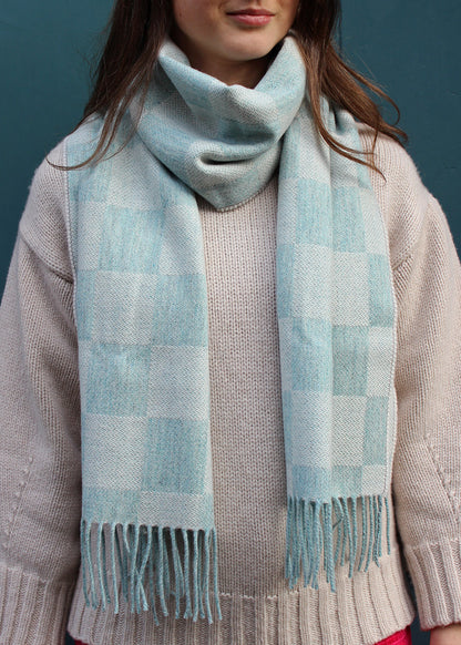 checked scarf in a lovely pale moonstone blue woven in merino wool