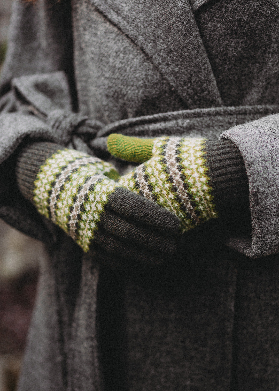 Lambswool gloves in olive green with a Fair Isle pattern in moss, khaki and white.