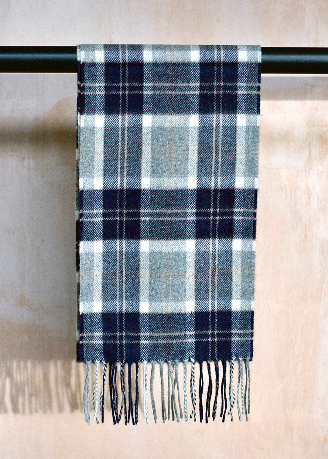 Cashmere scarf woven in the Bannockbane Grey tartan.