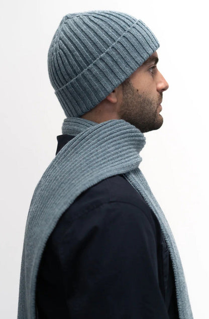 Jacquard ribbed knit hat knitted in Ayrshire in sumptuously soft lambswool by Hilary Jane Keyes. in shade Oribe - grey blue