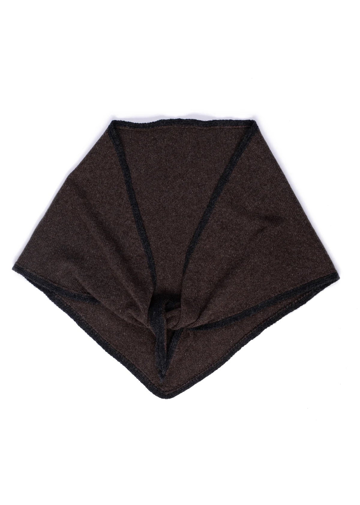 Knitted lambswool triangle scarf in dark brown with a charcoal trim.
