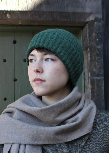 Classic ribbed beanie in rosemary green, made from lambswool which has been brushed for extra softness.