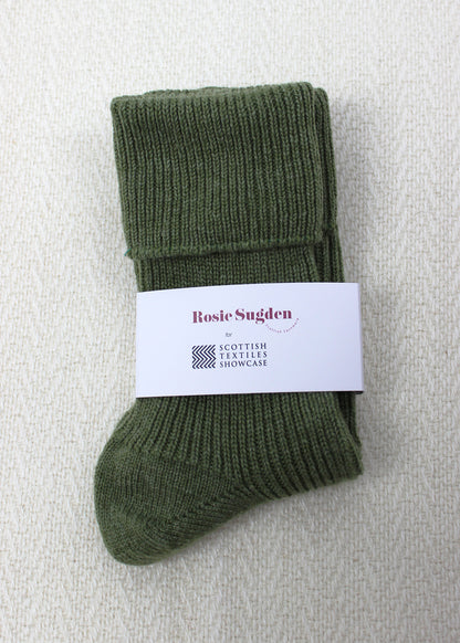 Cashmere bed socks in ivy green.
