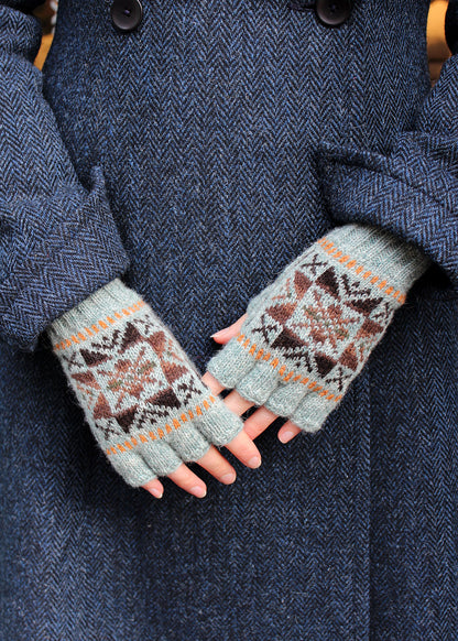 Shetland Fair Isle Fingerless Gloves Green