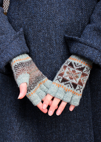 Shetland Fair Isle Fingerless Gloves Green