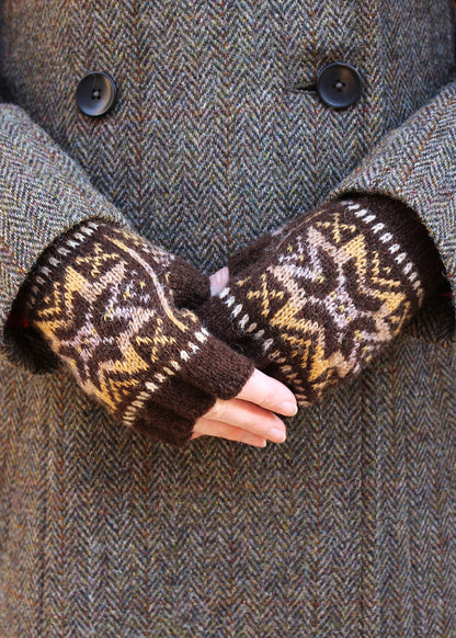 Hand knitted fingerless gloves in cocoa brown with Fair Isle pattern.