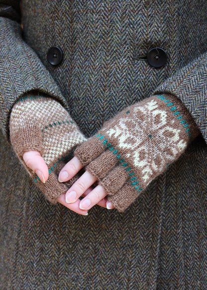 Hand knitted fingerless gloves in malt brown with Fair Isle pattern.