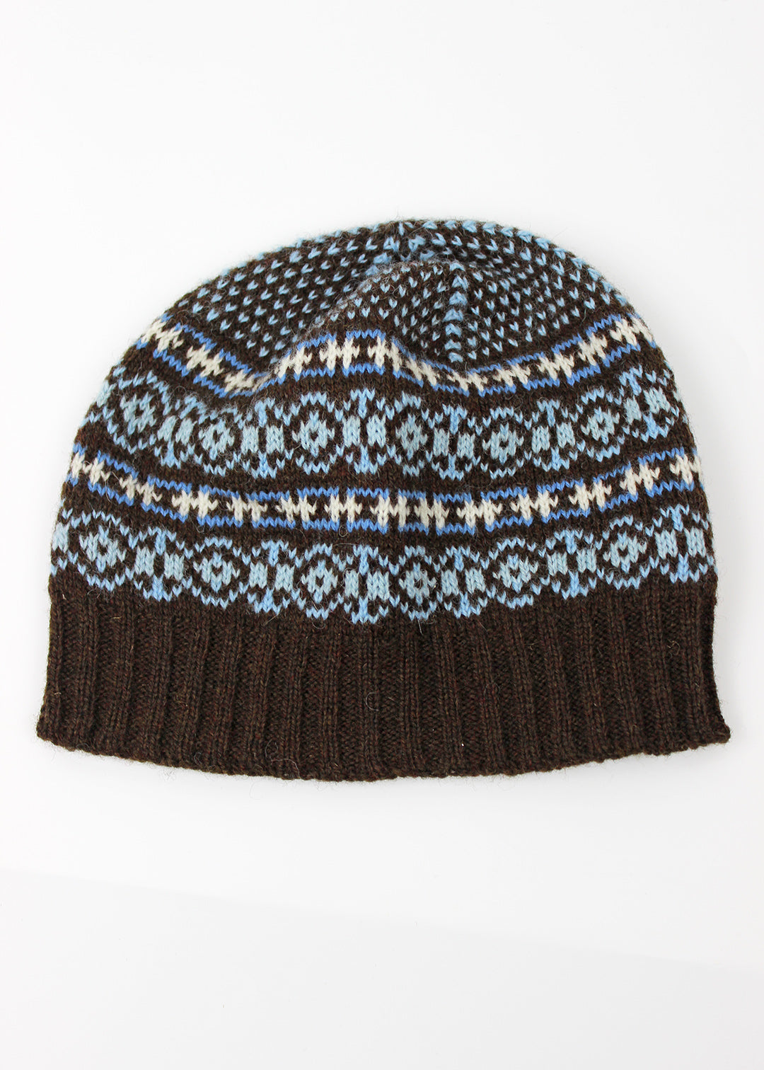 Hand knitted Fair Isle beanie hat in brown with contrasting details.