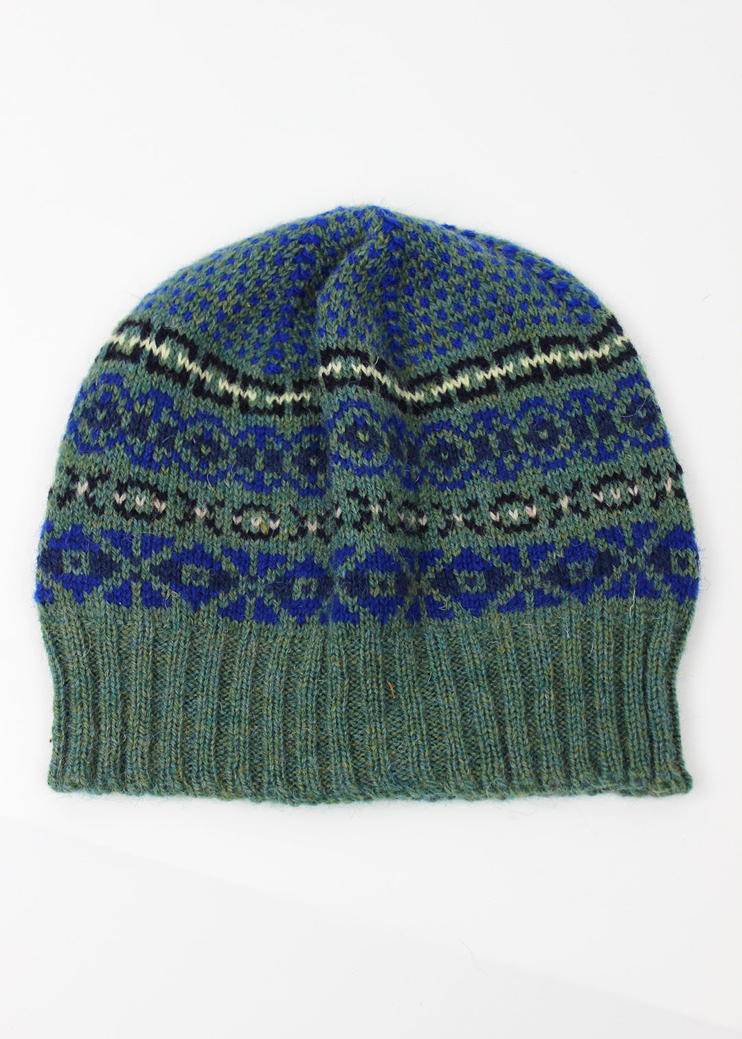 Hand knitted Fair Isle beanie hat in sea green with royal blue details.