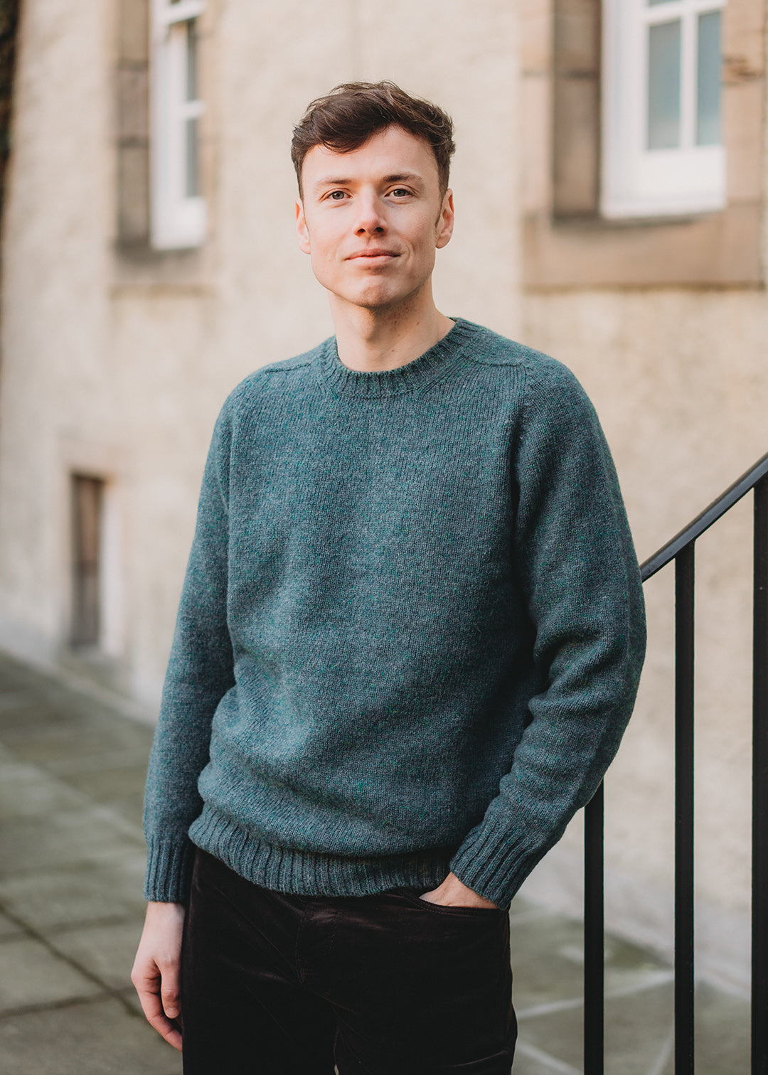 Unisex crew neck Shetland wool jumper in Blue Lovat.