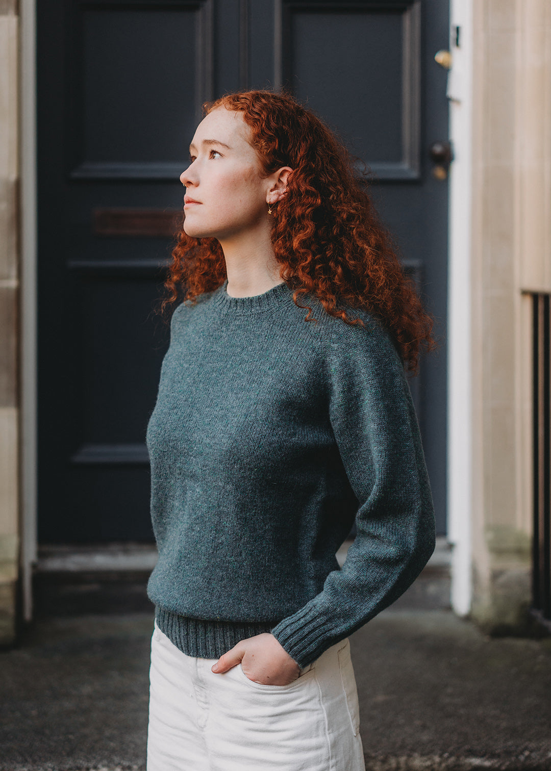 Unisex crew neck Shetland wool jumper in Blue Lovat.