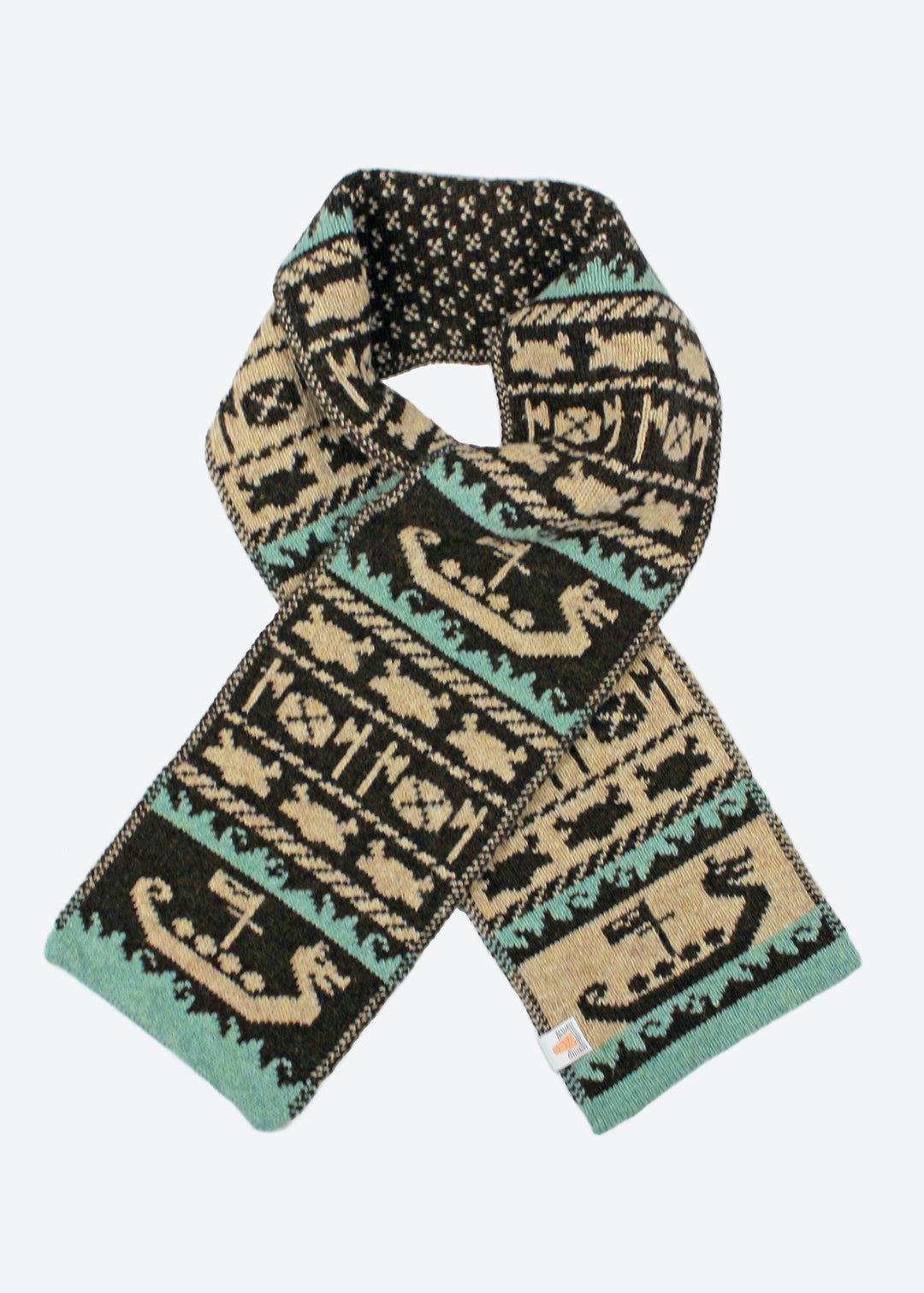 Shetland Fair Isle mini scarf in dark brown, oatmeal and mint.