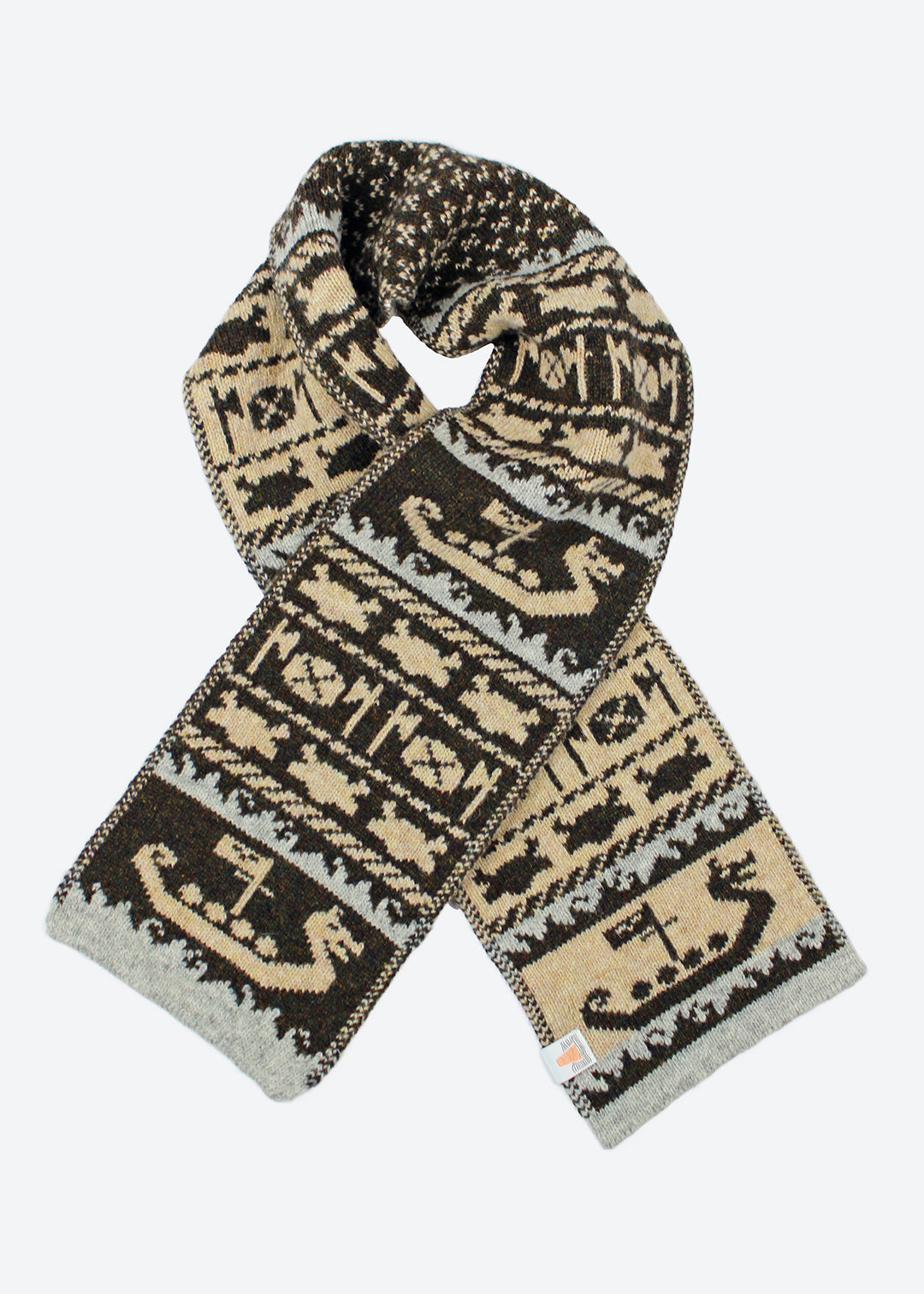 Shetland Fair Isle mini scarf in dark brown, oatmeal and silver.
