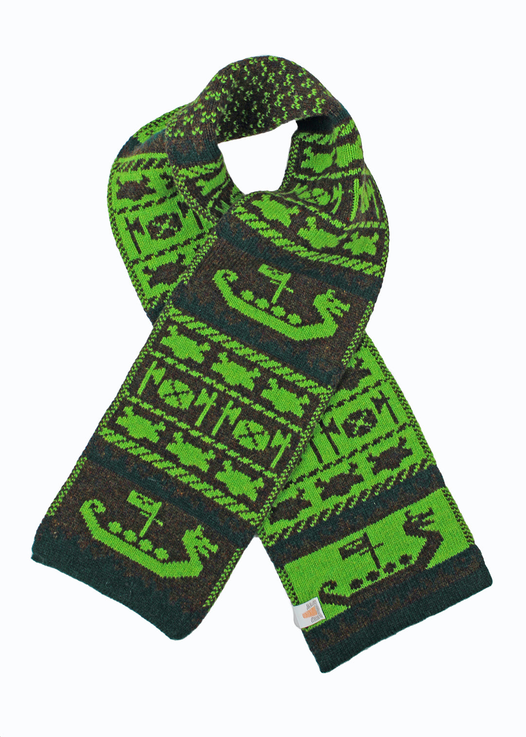 Shetland Fair Isle mini scarf in vibrant green, brown and teal.