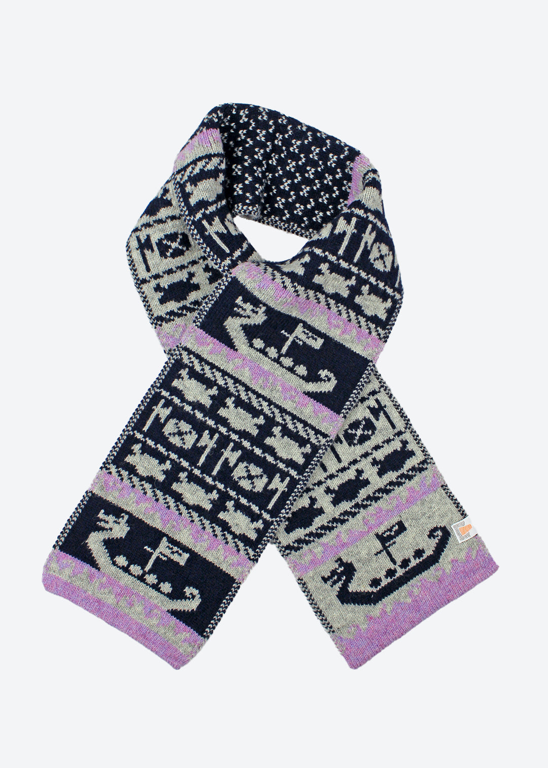 Shetland Fair Isle mini scarf in grey, navy and lilac.