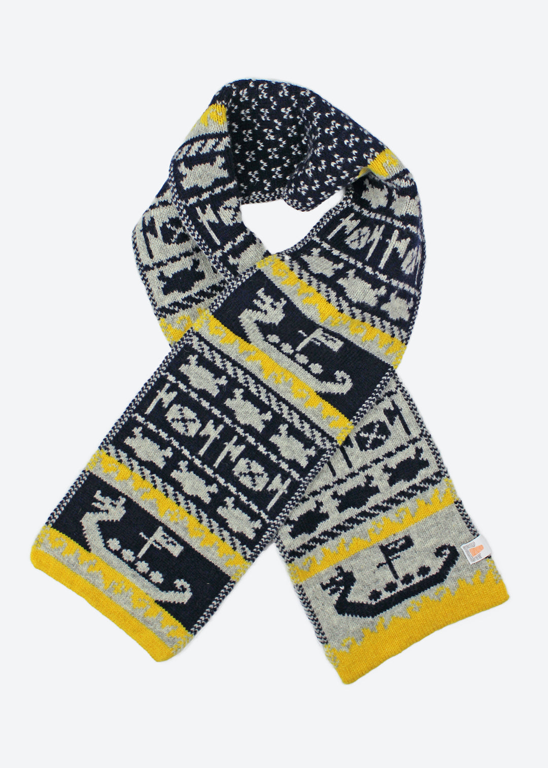 Shetland Fair Isle mini scarf in grey, navy and yellow.