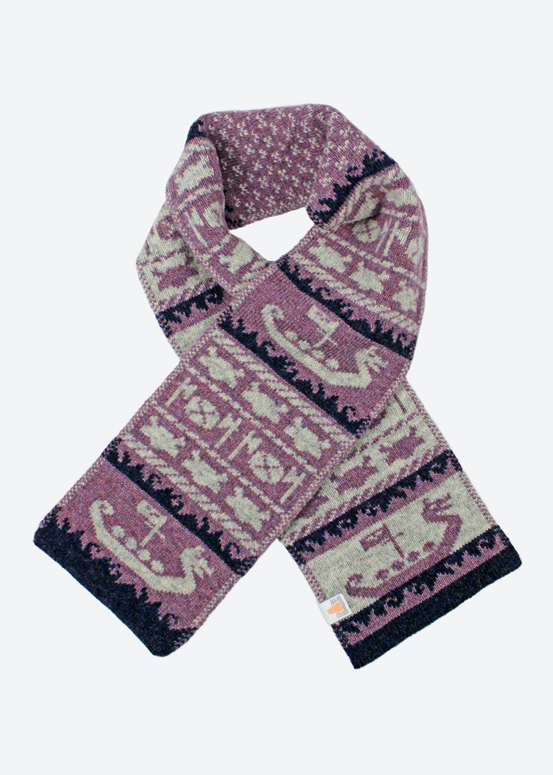 Shetland Fair Isle mini scarf in purple, navy and light grey.