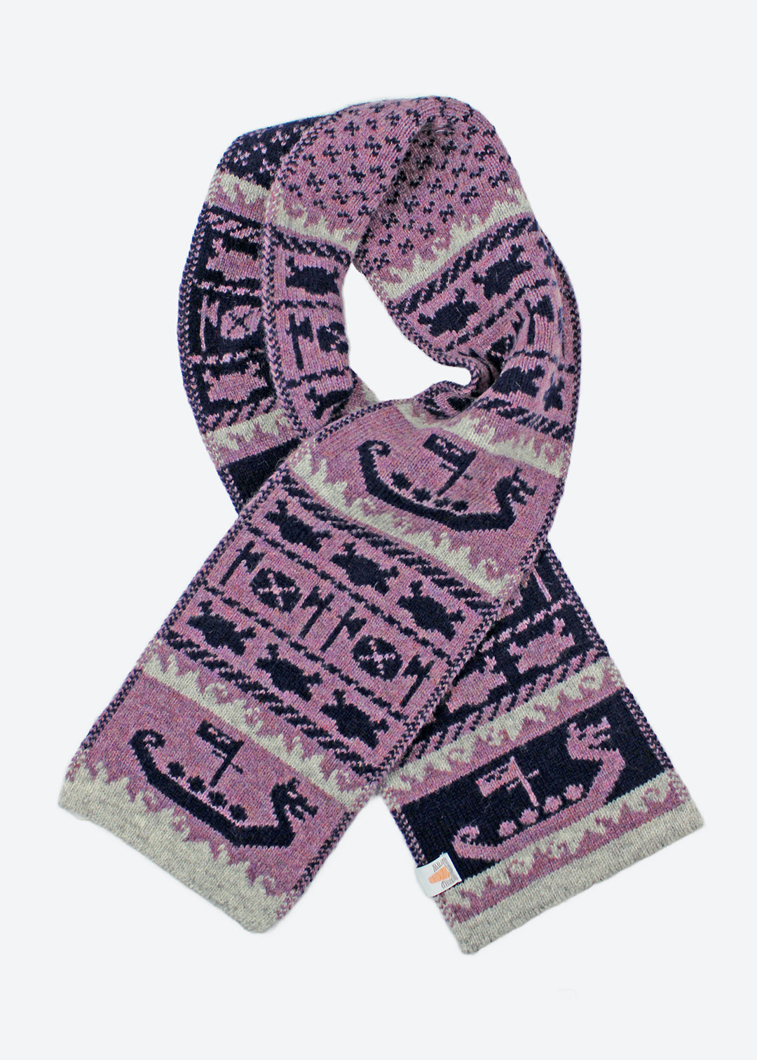 Shetland Fair Isle mini scarf in purple, navy and light grey.