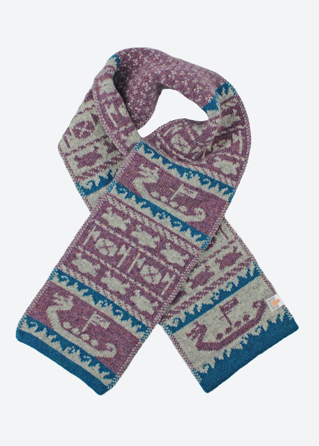 Shetland Fair Isle mini scarf in purple, light grey and teal.