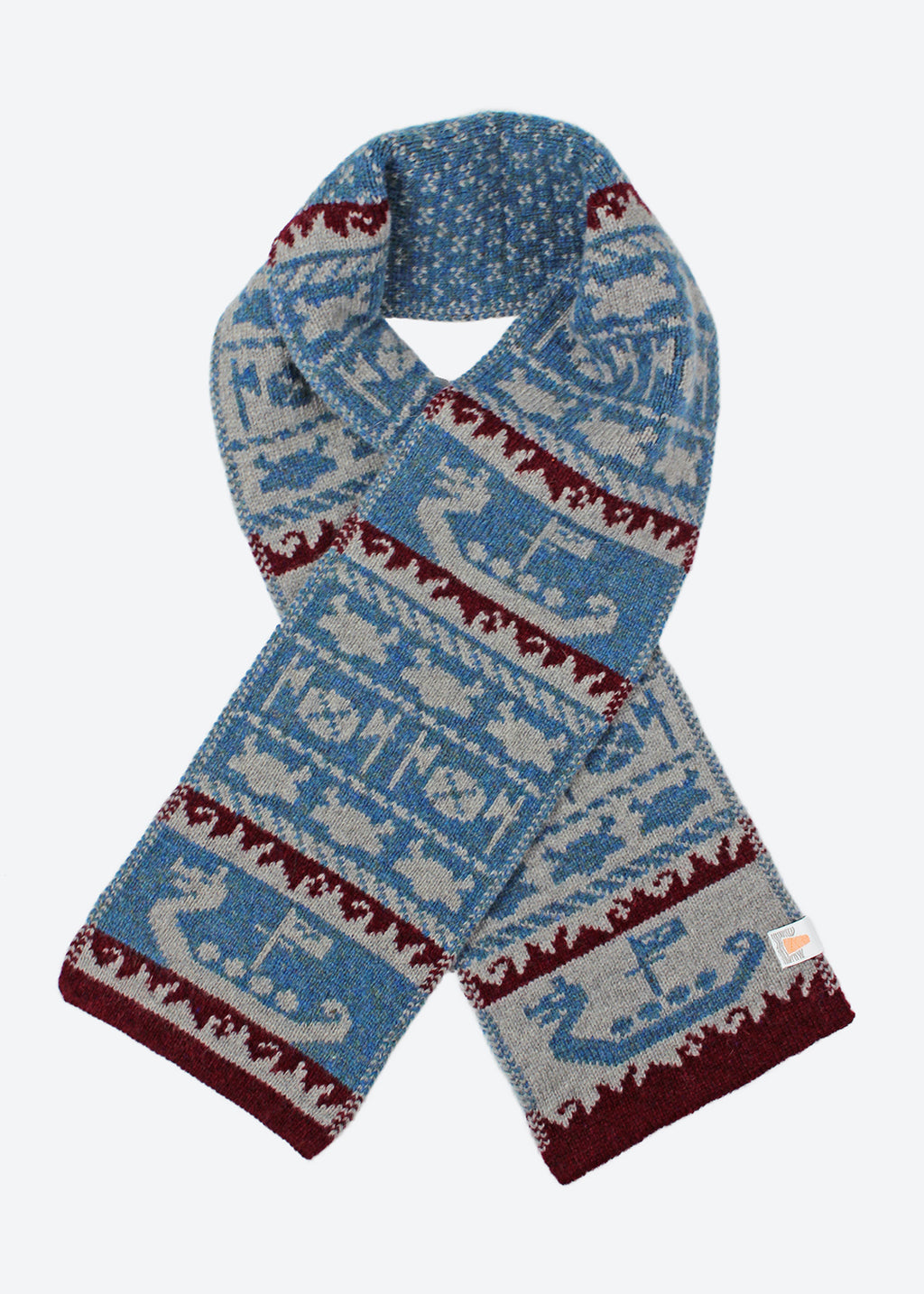Shetland Fair Isle mini scarf in teal, burgundy and grey.