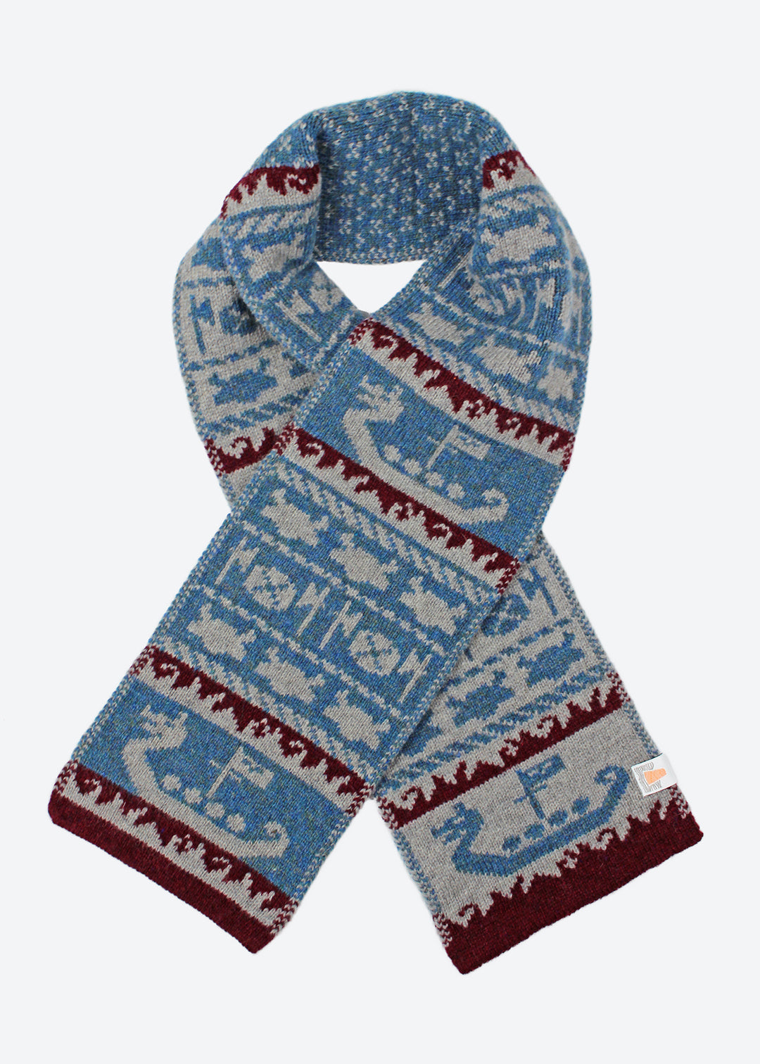 Shetland Fair Isle mini scarf in teal, burgundy and grey.