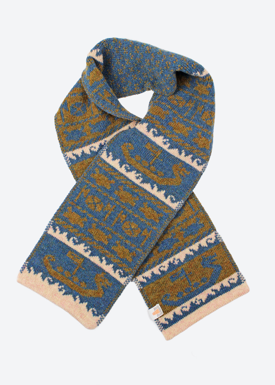 Shetland Fair Isle mini scarf in teal, hazel and pale pink.