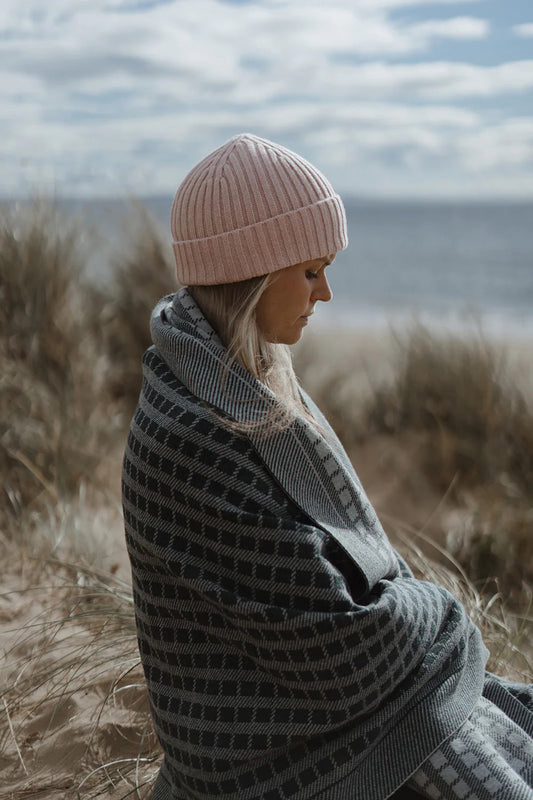 Jacquard knit blanket in lugano Inspired by timeless weave structures and knitted in Ayrshire in sumptuously soft lambswool by Hilary Jane Keyes.