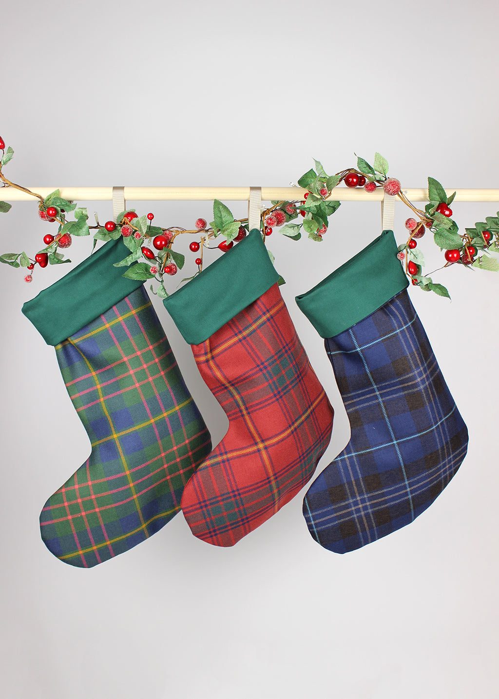 Handmade tartan Christmas stockings.