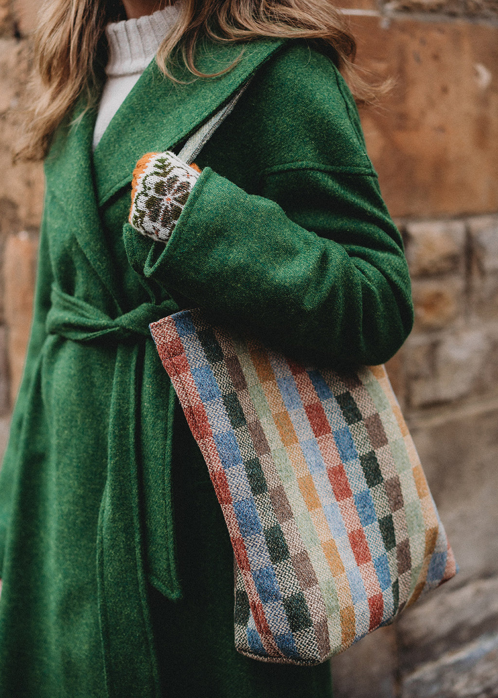 Pure wool tote bag in colourful checked design.