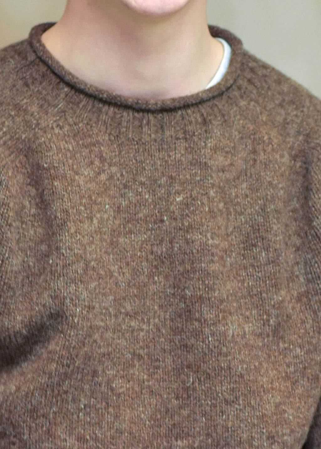 Shetland wool jumper in Moorit - a reddish brown.